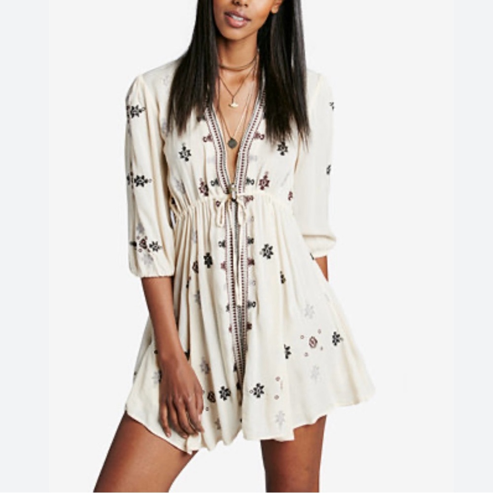 Free People Cream Mini Dress with Black & Brown Embroidery